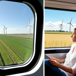 "A diptych or split image. On one side, inside a comfortable, spacious modern European high-speed train (e.g., Thalys or ICE), a relaxed passenger sips coffee, gazing out a large window at a picturesque, gently moving Dutch landscape with windmills and fields. The ambiance is calm and classic. On the other side, inside a sleek, futuristic Hyperloop pod, the same passenger is seated in an ergonomic, enclosed capsule. They are looking at an advanced interactive screen displaying a vibrant, simulated virtual outdoor view or dynamic travel information. The pod interior features subtle futuristic lighting and a sense of extreme velocity, highlighting the contrast between a traditional, open travel experience and an ultra-fast, immersive one."