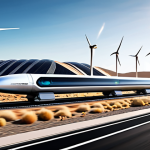 A futuristic Hyperloop pod, perfectly anatomically designed, traversing a transparent vacuum tube at immense speed. The pod features a sleek, minimalist exterior with advanced, energy-efficient materials. The surrounding landscape shows a clean, modern infrastructure with integrated renewable energy sources like large solar arrays and wind turbines, under a clear sky. The scene conveys a sense of speed, precision, and high technology. This is a safe for work, appropriate content, fully clothed, professional, family-friendly depiction, ensuring correct proportions and natural body elements in any visible human-like structures or designs.