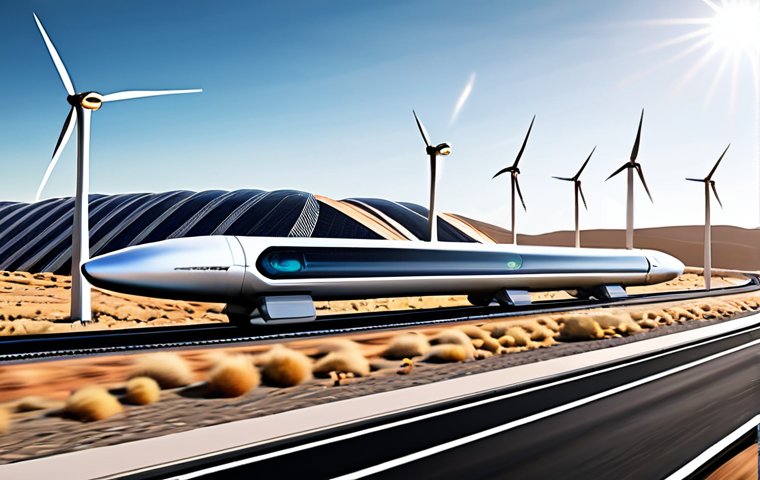 A futuristic Hyperloop pod, perfectly anatomically designed, traversing a transparent vacuum tube at immense speed. The pod features a sleek, minimalist exterior with advanced, energy-efficient materials. The surrounding landscape shows a clean, modern infrastructure with integrated renewable energy sources like large solar arrays and wind turbines, under a clear sky. The scene conveys a sense of speed, precision, and high technology. This is a safe for work, appropriate content, fully clothed, professional, family-friendly depiction, ensuring correct proportions and natural body elements in any visible human-like structures or designs.
